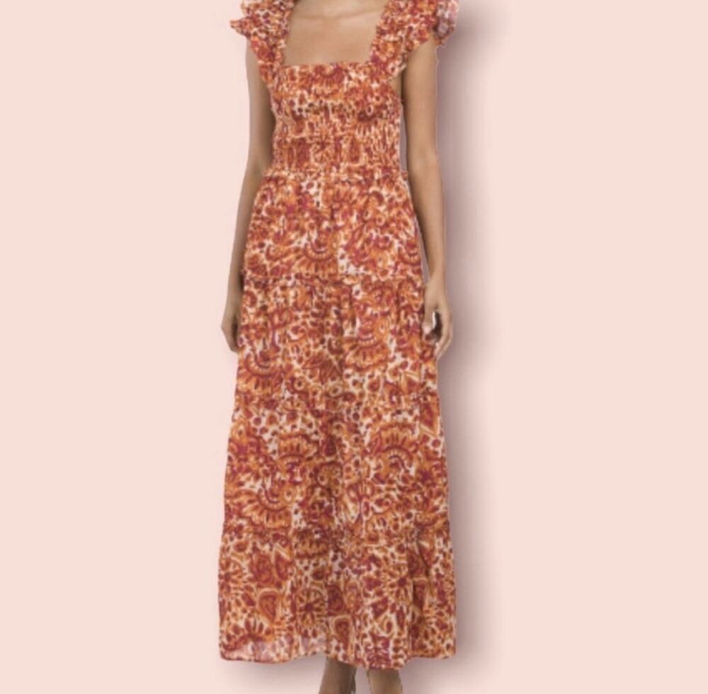House of Harlow Zoey Orange Floral Tiered Smocked Ruffled Maxi Dress Boho Large
